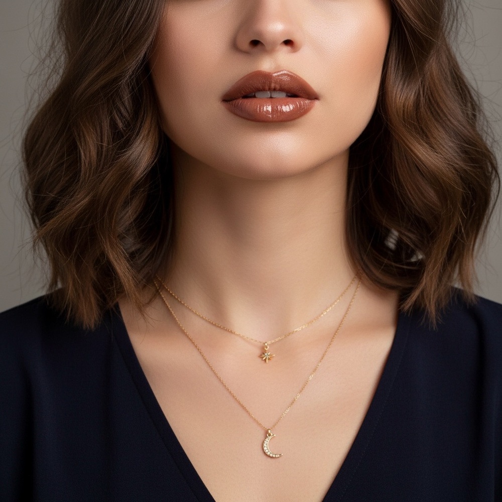 Celestial CZ Moon and Star 18k gold plated layered necklace. New.
